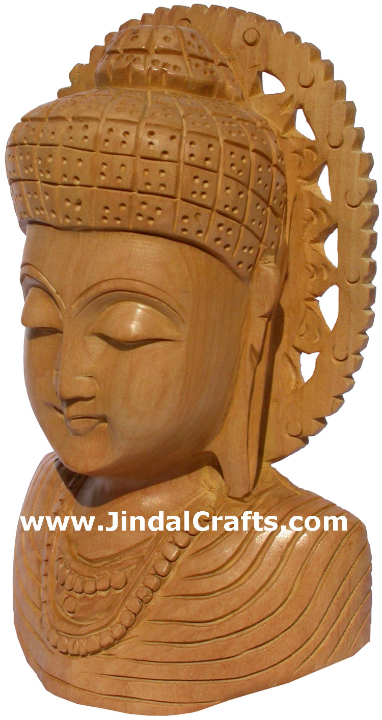 Wood Sculpture Handmade Buddha Bust Statuette India Art Handicrafts Buddhism Art