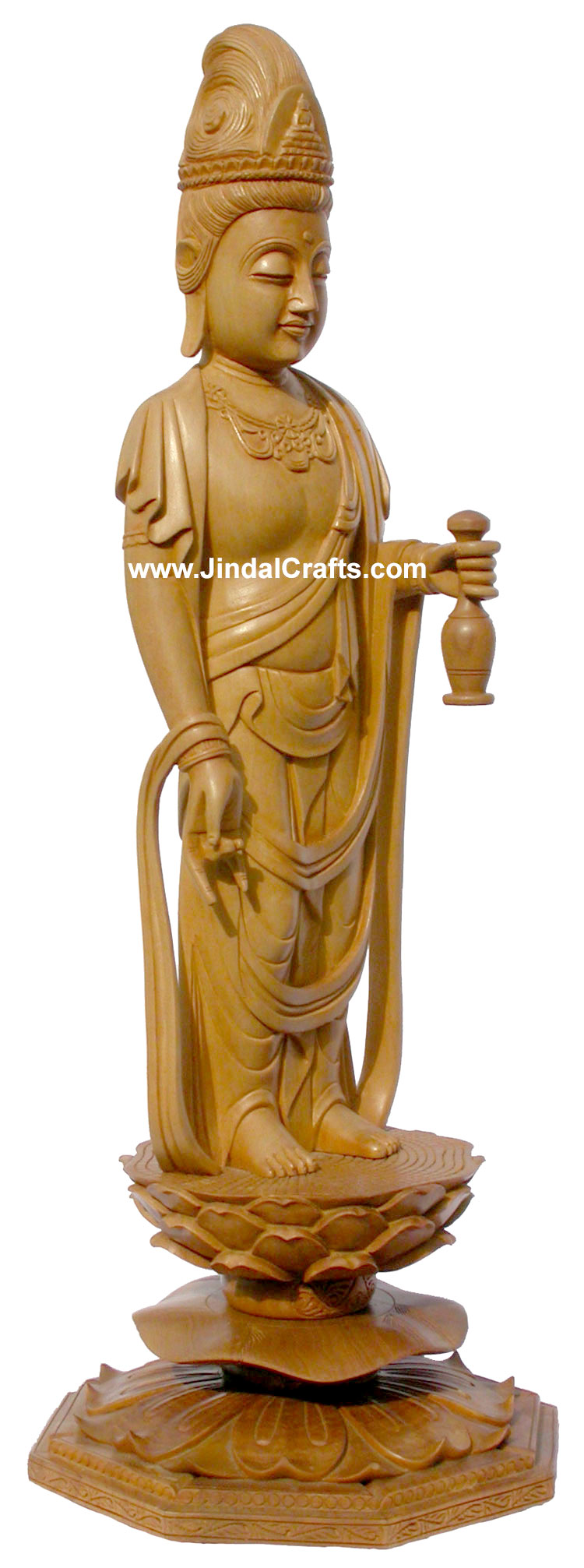 Handmade Wood Sculpture Buddha on Flower Lotus Indian