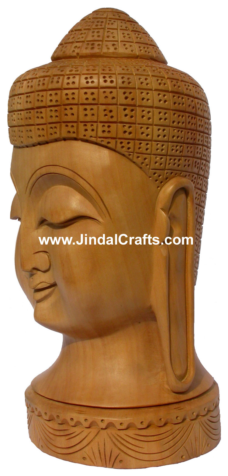 Wood Sculpture Handmade Buddha Head Figure India Art