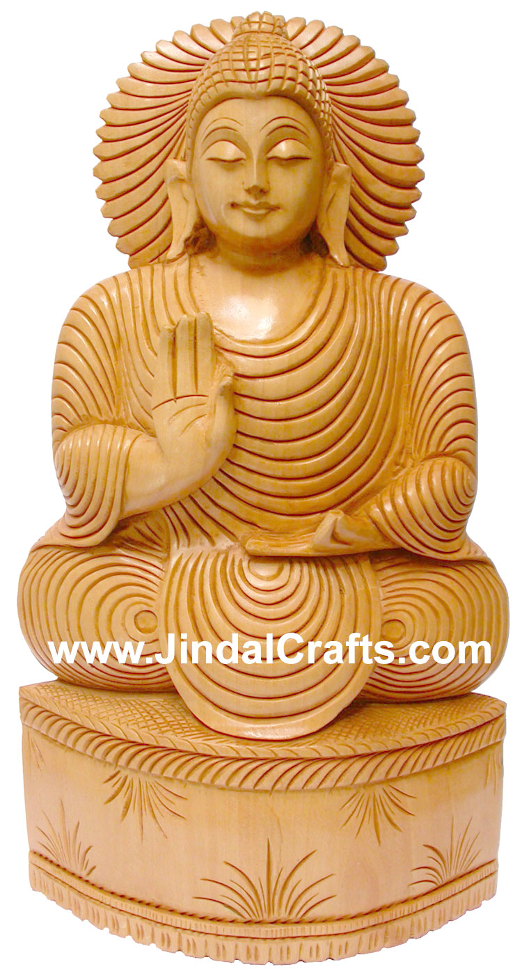 Wood Sculpture Hand Carved Blessings Buddha Statue Indian Handicraft Idol Crafts