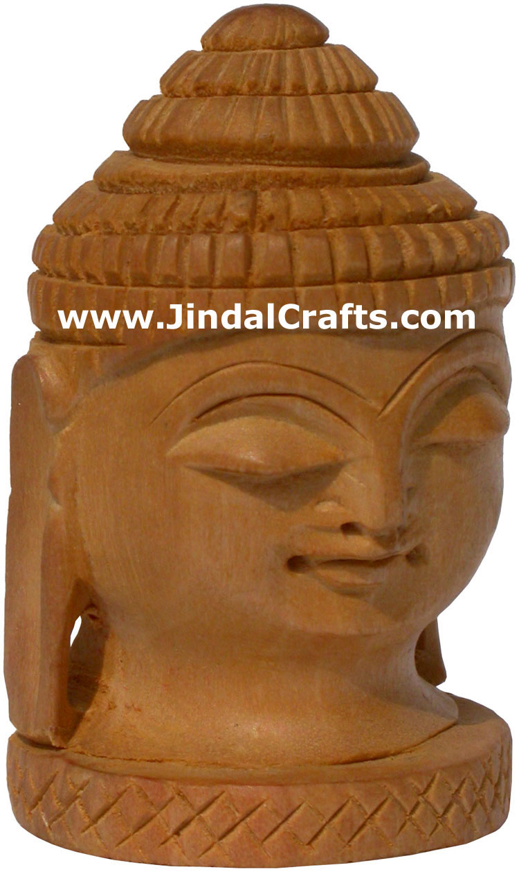 Handmade Kadam Wooden Carved Buddha Head India Artefact