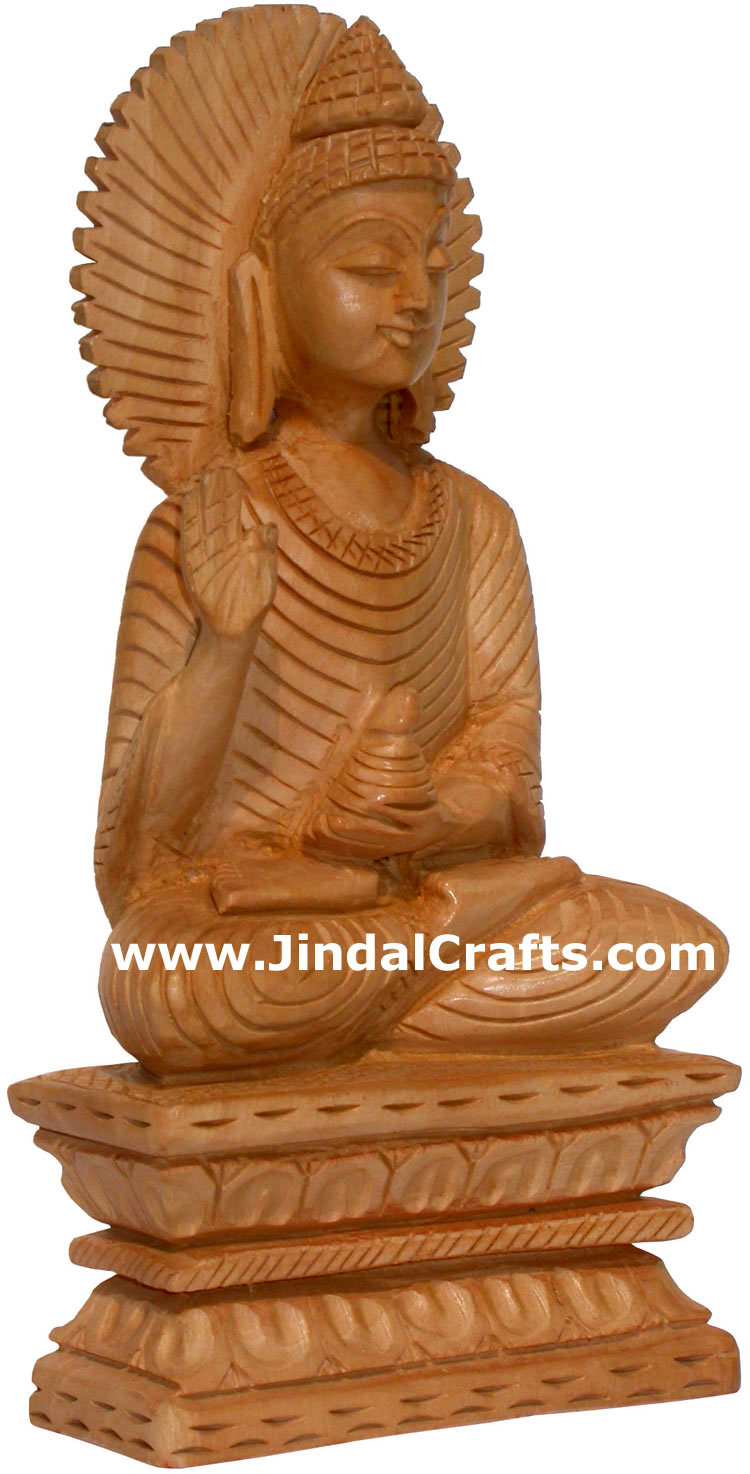 Hand Carved Wooden Gautam Buddha Figure India Art