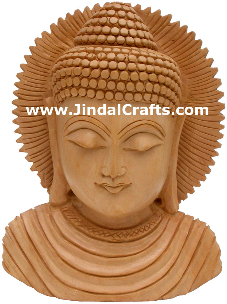 Hand Carved Wooden Buddha Head Sculpture India Statue