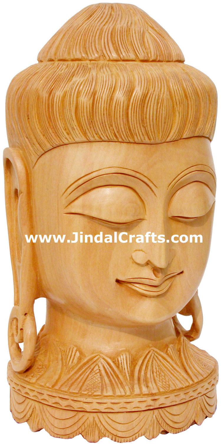 WOODEN HAND CARVED GAUTAM BUDDHA HEAD INDIAN WOOD ART IDOL SCULPTURE