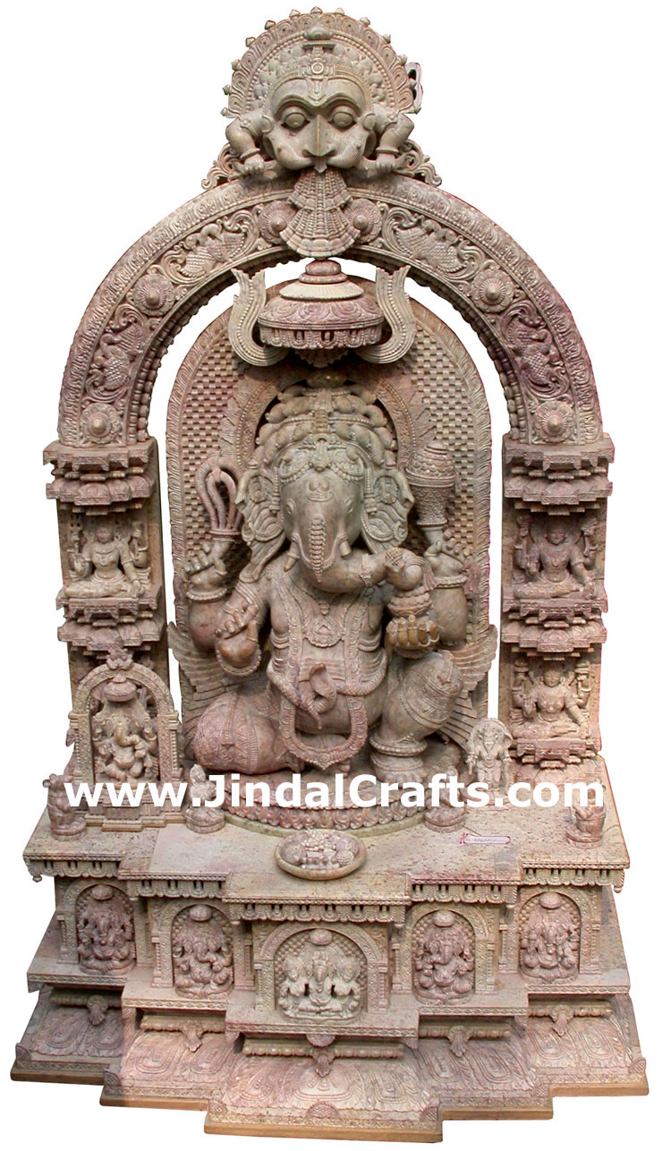 Lord Ganesha Statue- Hand Carved Pink Stone Made Religious Figure Hindu Ganpati