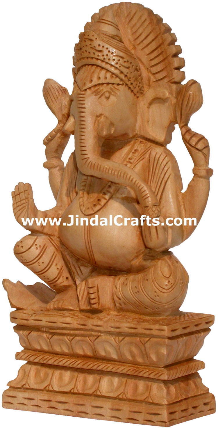 Hand Carved Wooden Lord Ganesha Figure Indian Art