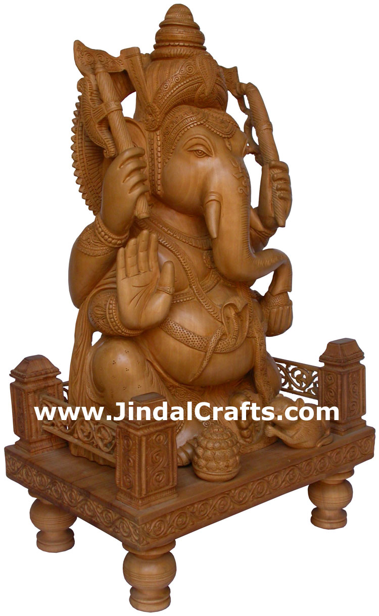 Hand Carved Wooden Lord Ganesha Figure Indian Art