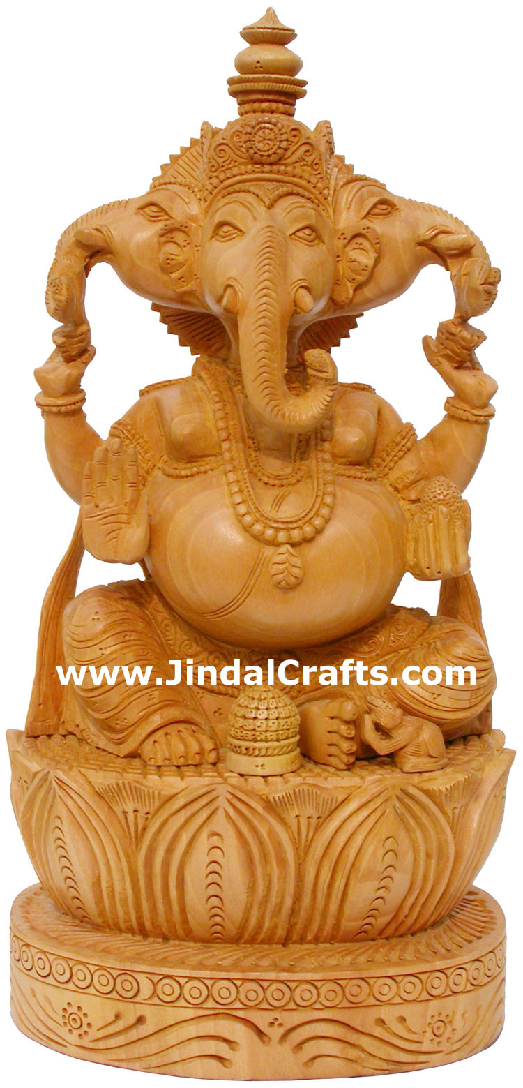 Wood Sculpture Handcarved Three Faced Ganesha Statuette