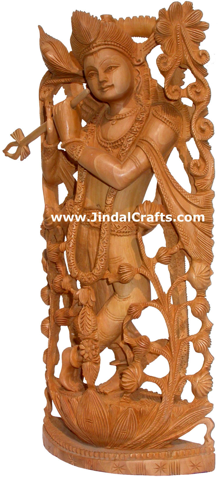 Hand Carved Wooden Lord Krishna Figure Indian Art