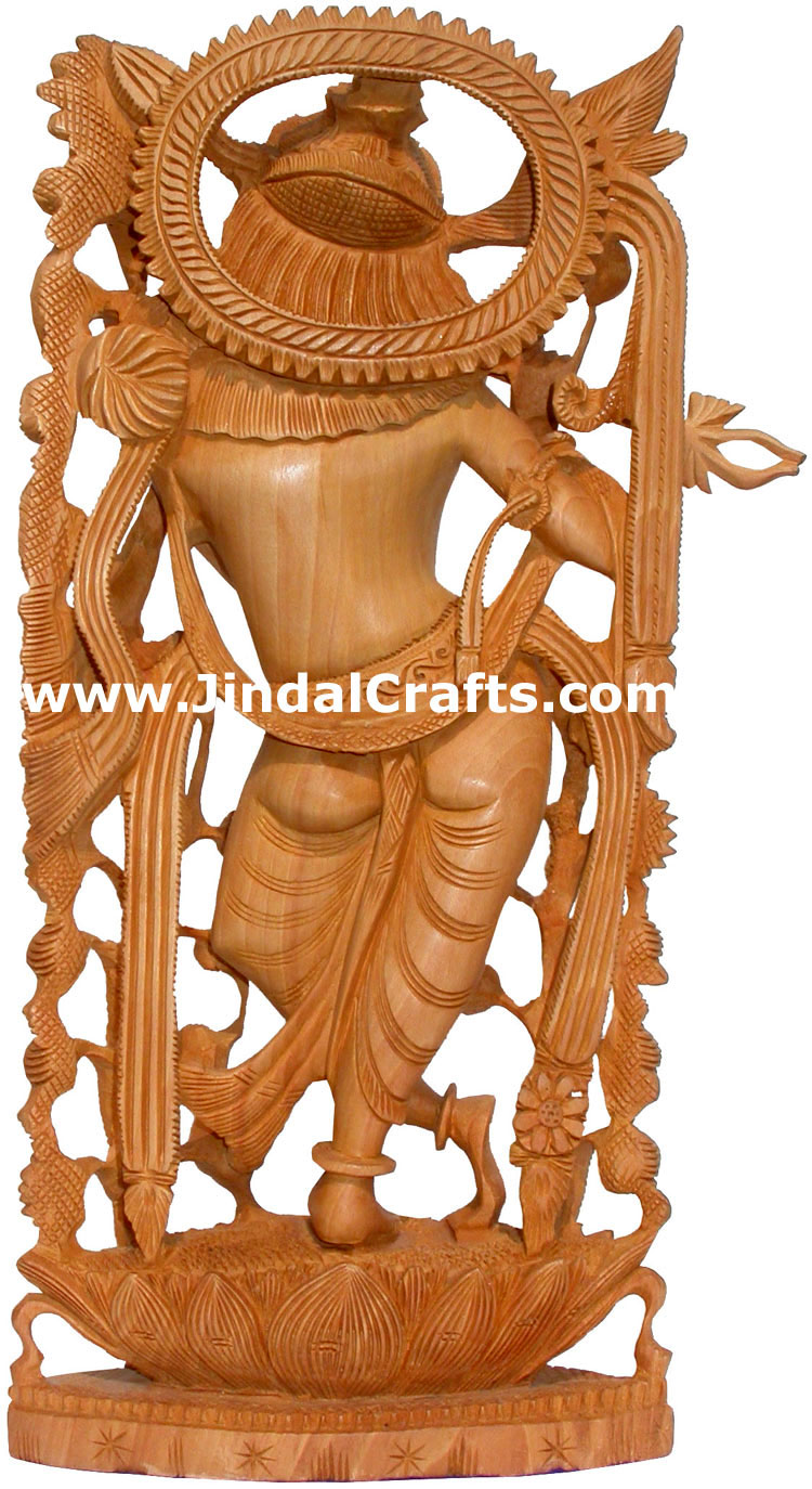 Hand Carved Wooden Lord Krishna Figure Indian Art