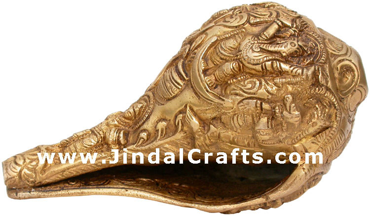 Holy Conch Shankh - Brass engraved Hindu Gods Goddesses