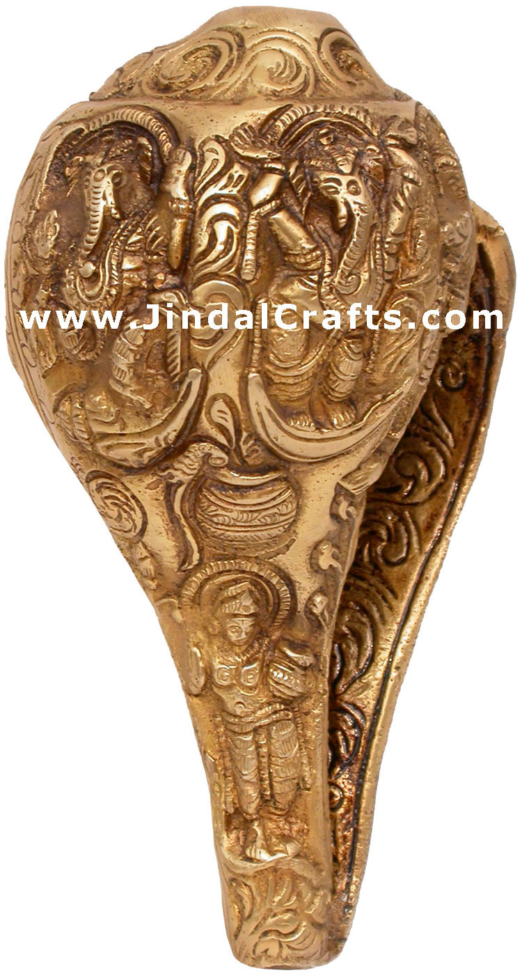 Holy Conch Shankh - Brass engraved Hindu Gods Goddesses