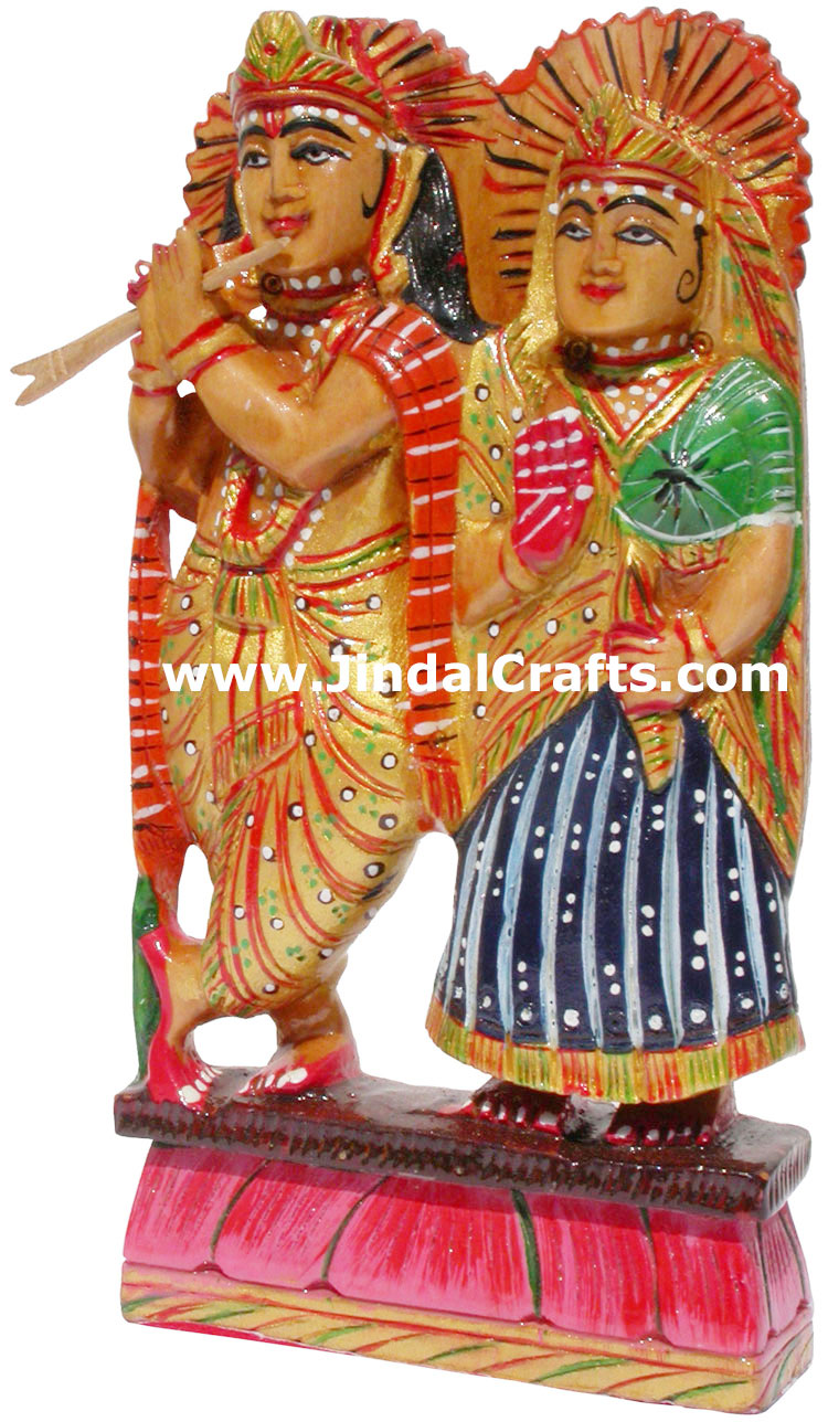 Hand Carved Wooden Radha Krishna Figure Indian Art