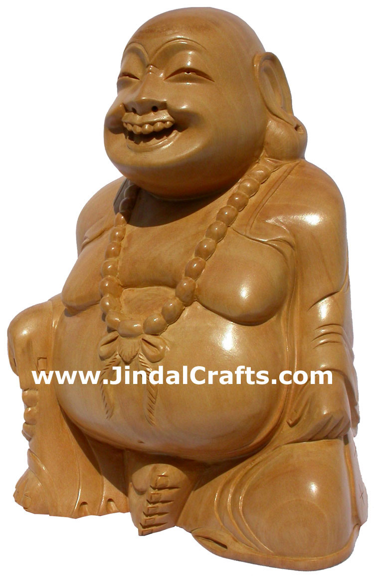 MASTER PIECE - HANDCARVED WOODEN SCULPTURE HAPPY LAUGHING BUDDHA VAASTU INDIA