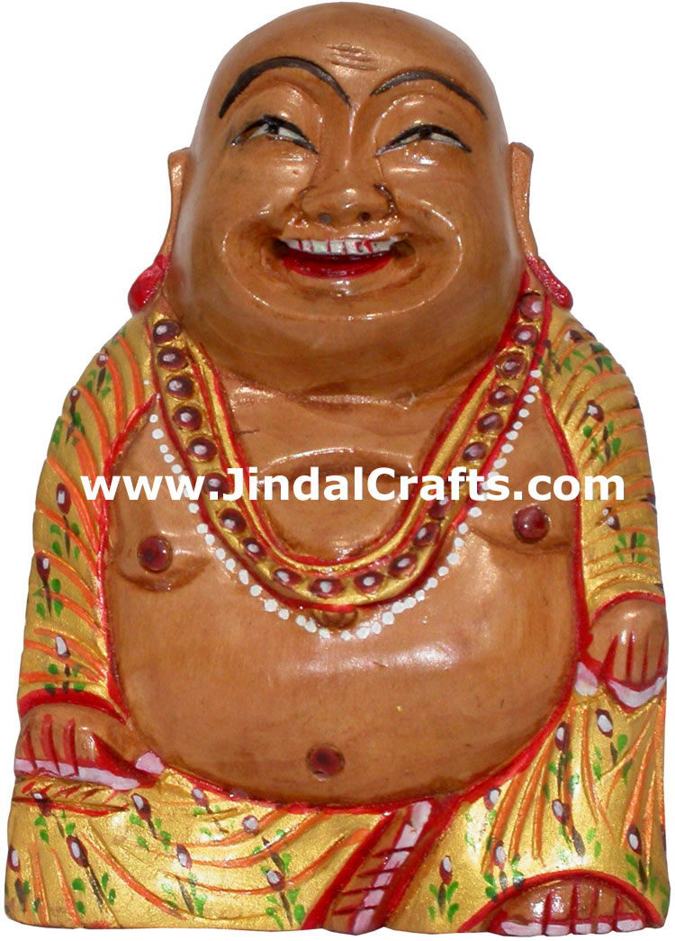 Hand Carved Wooden Painted Laughing Buddha Figure India