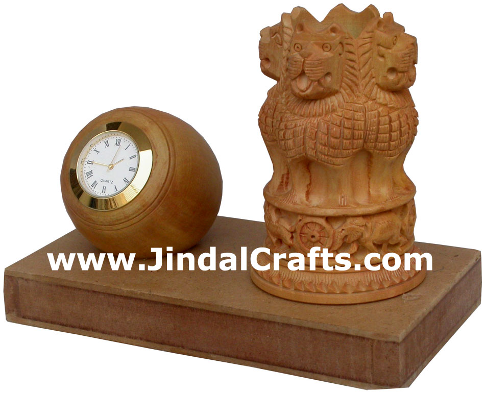 Ashok Stambh Pen Stand with Clock National Emblem of India Wooden Figure