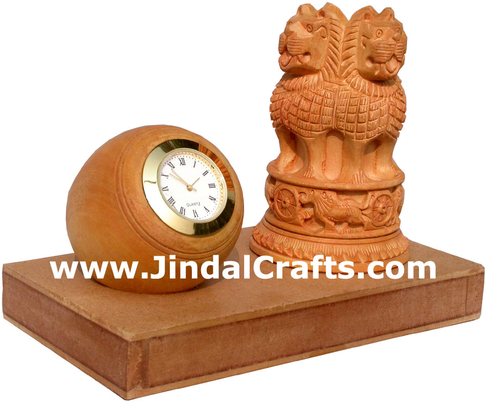 Ashok Stambh Pen Stand with Clock National Emblem of India Wooden Figure