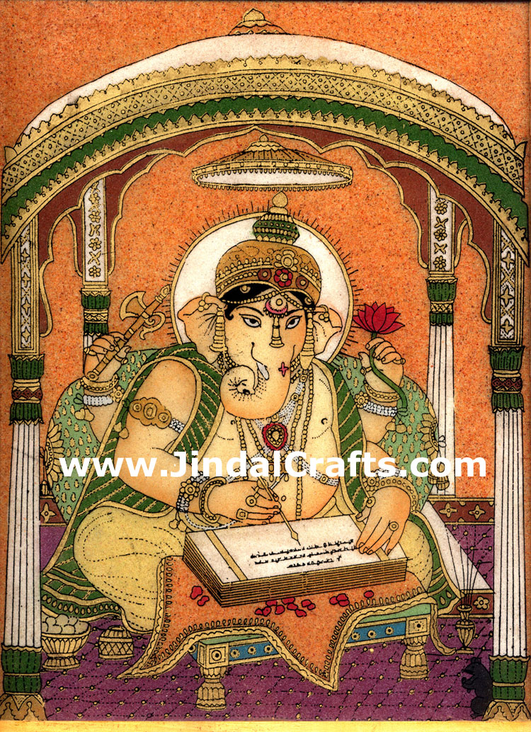 Gemstone Dust Painting Lord Ganesha Indian Hand Art