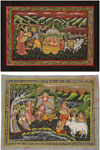 Pichwais are painted, printed with handblocks, woven, embroidered or decorated in appliqué. Pichwais are done in dark rich hues on rough hand spun cloth. These paintings have deep religious roots and are executed with the utmost devotion of the painters.